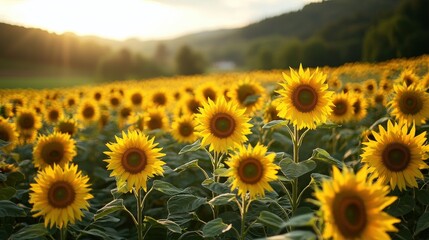 Fototapeta premium Expansive sunflower field bathed in golden sunlight at sunset.