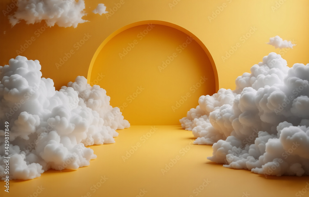 Poster fluffy white clouds frame a yellow backdrop with a semi-circular opening, creating a bright and drea