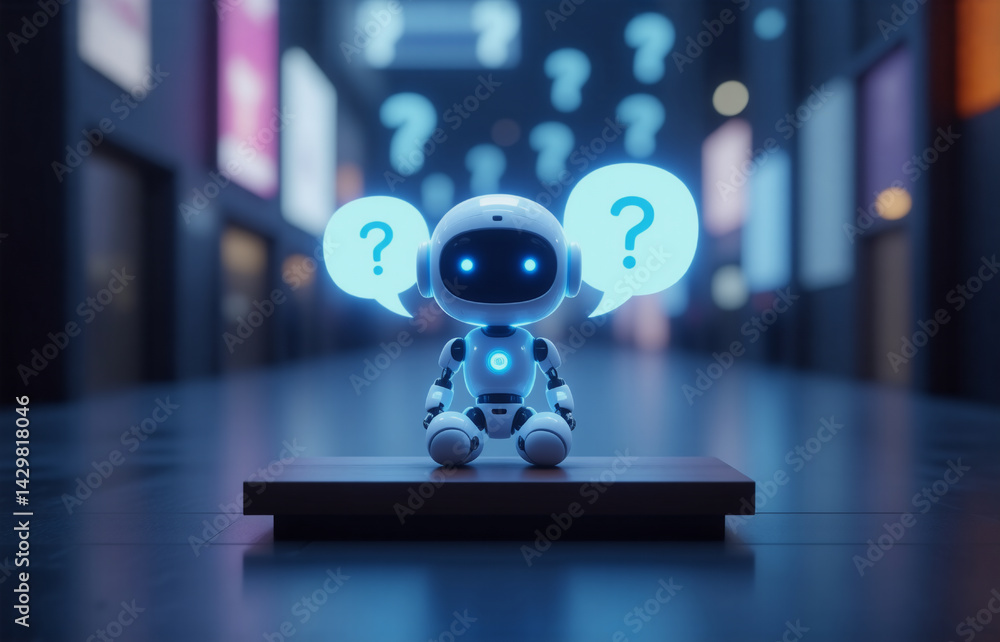Poster a small, curious robot sits on a platform, surrounded by glowing question marks in a futuristic city