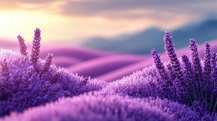 Obraz premium Radiant, vibrant lavender field at sunrise, showcasing rolling hills.