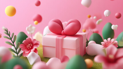 3d pink mothers day gift box floral background 