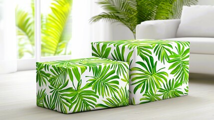 Vibrant Green Tropical Leaf Pattern Ottomans in a Bright Living Room