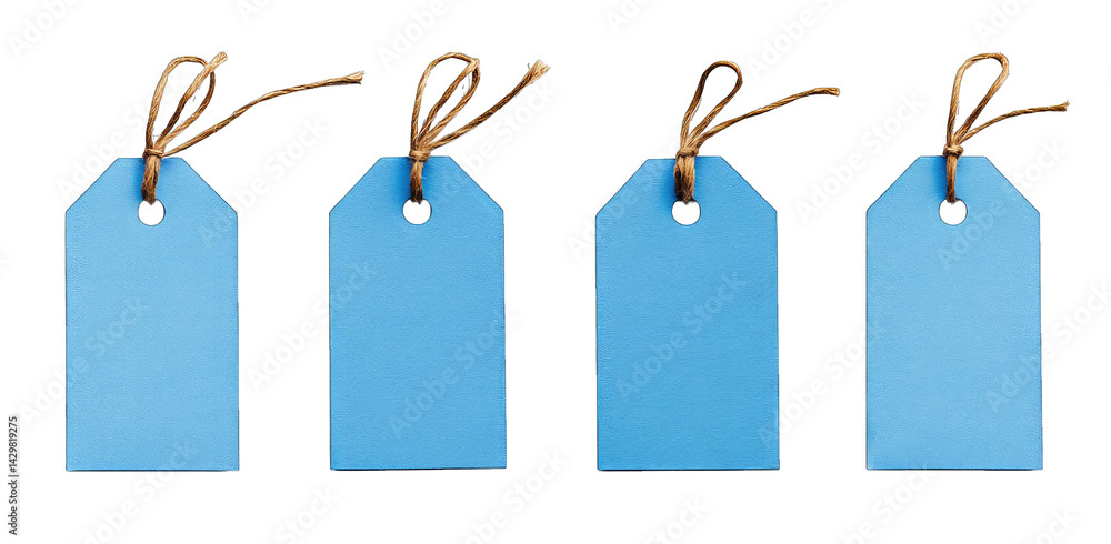 Poster four blue blank tags with brown twine ideal for labeling or gift tagging their simple design allows 