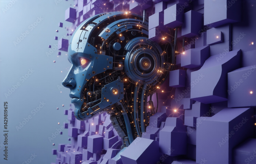 Poster a metallic robotic head emerges from a purple, cube-shaped structure, glowing circuits illuminating 