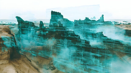 Obraz premium Abstract geological formation resembling futuristic city skyline in desert