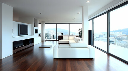 Contemporary living space with city view, minimalist style and wooden floors