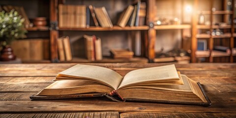 Obraz premium Old book with blank pages lying open on a wooden desk , pages, home office, pages, home office, antique, study, bookcase, interior