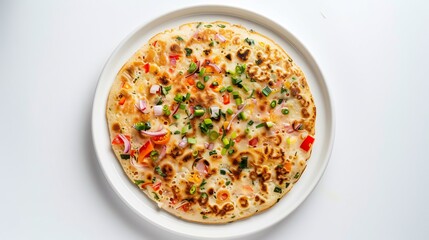 Top down image of onion tomato uttapam white ceramic plate placed on white background Round thick Indian pancake with chopped vegetables South Indian cuisine cut out on isolated transparent background