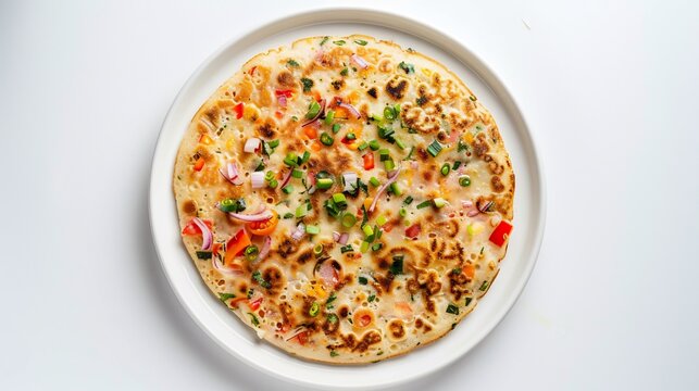 Top down image of onion tomato uttapam white ceramic plate placed on white background Round thick Indian pancake with chopped vegetables South Indian cuisine 