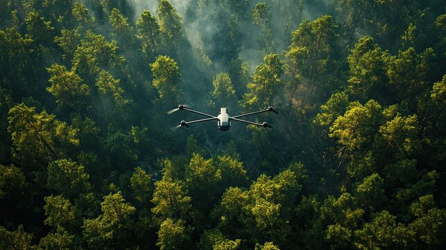 Close up wildfire detection drone scanning forest area with thermal imaging sensors for early fire prevention and containment 