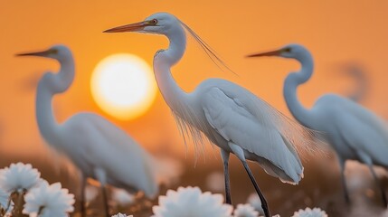 Three regal egrets stand poised against a vibrant sunset backdrop.