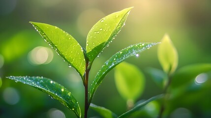 Fototapeta premium Green Plant Leaves with Water Droplets in Sunlight - Nature Close-up