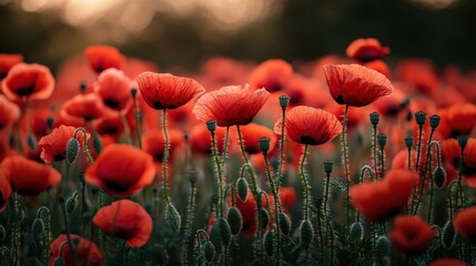 Lush vibrant field of crimson poppies at sunset.