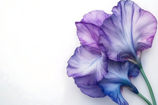 Delicate purple and blue flowers on white background; artistic floral arrangement; for greeting cards or prints
