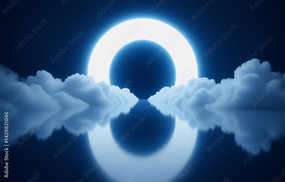 Poster a luminous circle shines above fluffy clouds reflected on calm water under a dark sky, creating a se