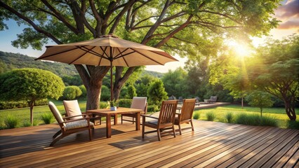 Obraz premium A serene summer afternoon with a wooden patio featuring outdoor seating and a large sun umbrella providing shade from the bright sun overhead, wooden patio furniture, tree leaves