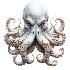 Fototapeta premium Stylized octopus illustration with piercing blue eyes and detailed tentacles. Rough, aged texture against a plain white backdrop, creating an intense Mythical Kraken isolated on a white background