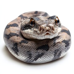 Obraz premium Detailed studio shot of a coiled snake with striking grey, tan, and black markings, its intense gaze fixed on the viewer. Mythical creature isolated on a white background.