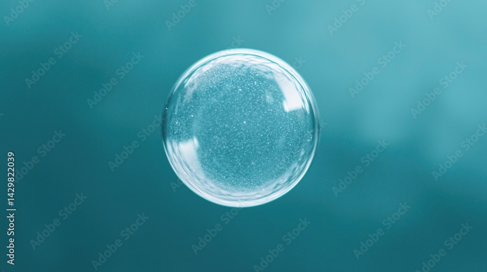 Poster a clear soap bubble floating against a soft blue background, showcasing its reflective surface and d