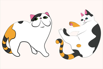 Cute Chubby Cats in Playful Poses with Calico and Tuxedo Patterns. Adorable chubby cats in playful poses, featuring calico and tuxedo patterns — perfect for cute-themed projects! 