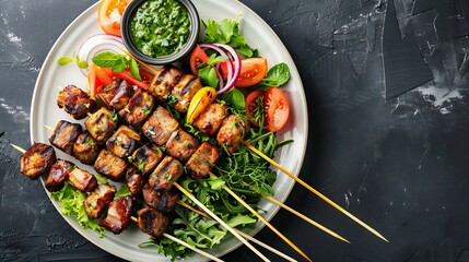 Top down view of assorted kebabs served a white plate with fresh salad and mint chutney Popular grilled meat skewers with spices a staple in Indian cuisine cut out on isolated transparent background
