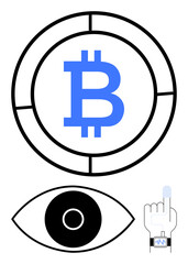 Bitcoin symbol inside segmented circle, eye graphic, and hand with smartwatch tapping. Ideal for cryptocurrency, blockchain, fintech, security, biometrics, privacy modern tech simple landing page