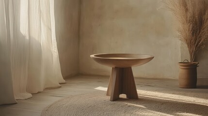 A muted, earthy, minimalist side table in a sun-drenched room.