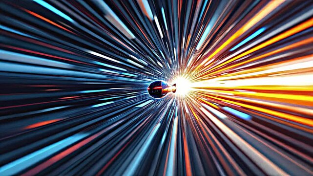 Geometric shapes blur and stretch into elongated ribbons as an object surpasses the speed of light, the surrounding cosmos fractured and refracted through the warp.