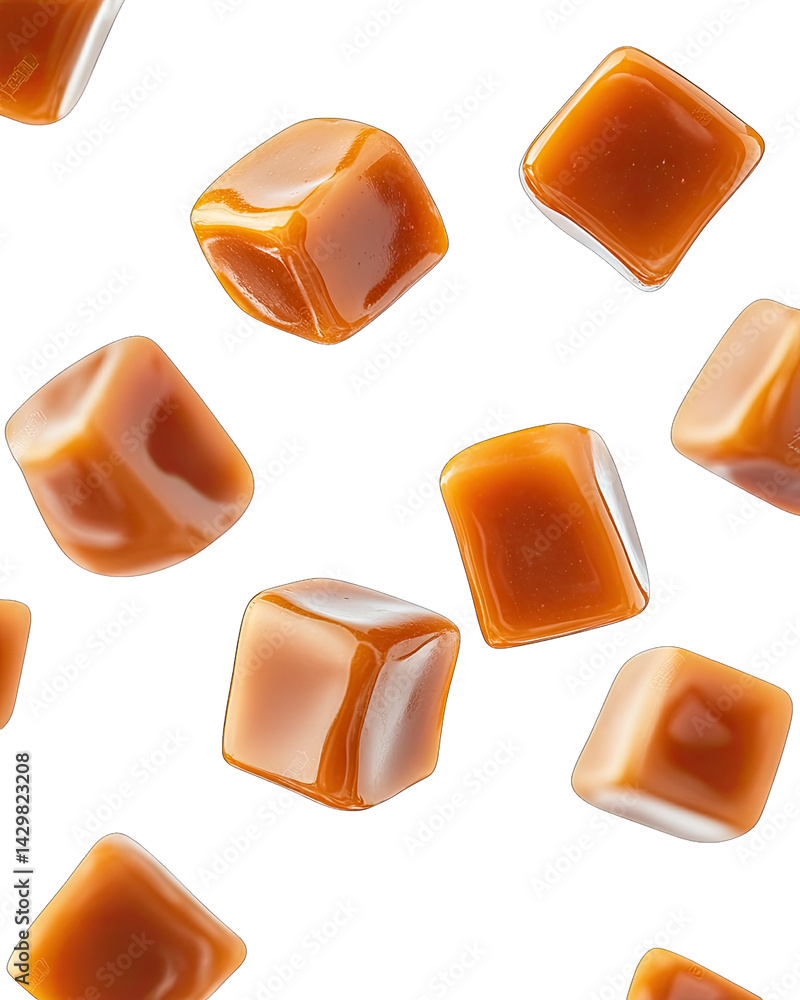 Poster floating glossy caramel cubes against a white background emphasizing their rich color and texture vi