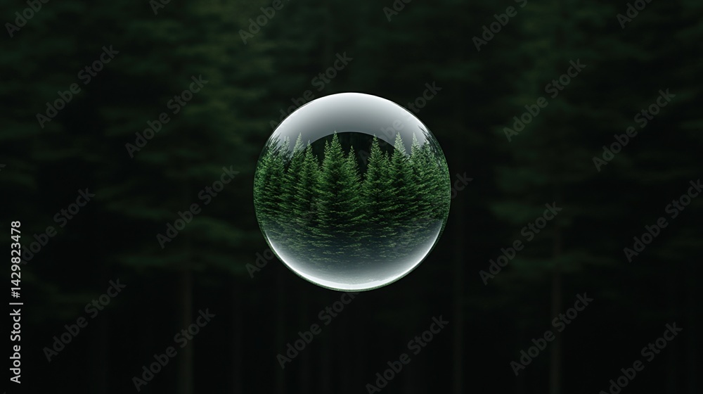 Poster a glass sphere reflects a lush forest of evergreen trees, creating a captivating visual effect again