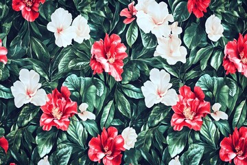 Red and White Hibiscus Tropical Flower Seamless Pattern