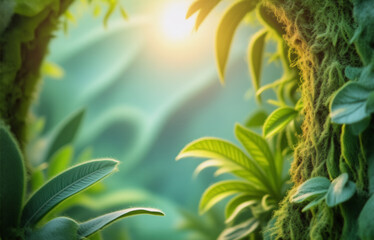 Obraz premium Sunlit jungle scene. Lush green foliage, vines, and moss cover ancient tree trunks. A hazy, mystical atmosphere permeates the vibrant, tropical setting.