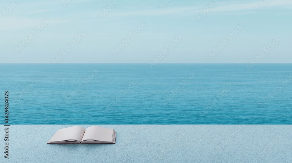 Poster a serene scene featuring an open book resting near a calm ocean, evoking tranquility and a sense of 