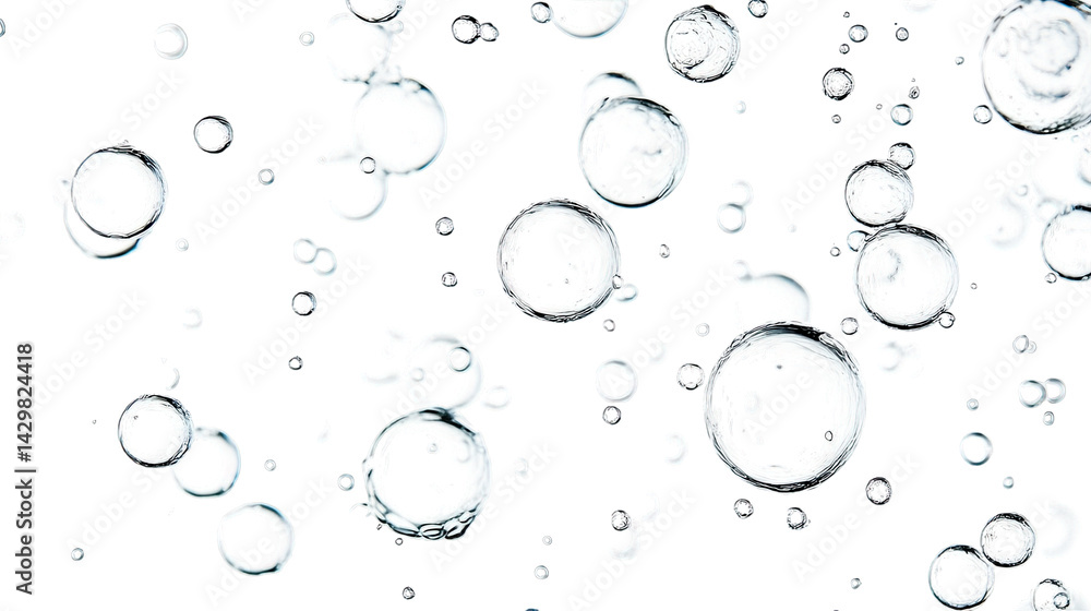 Poster numerous transparent bubbles rising against a light background creating a sense of movement and flui