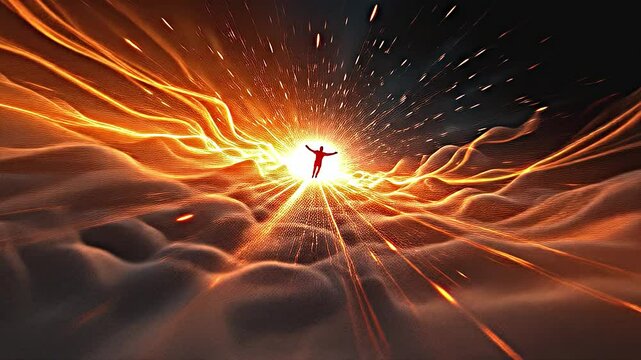 A form dissolves into a field of radiant, fragmented light, traversing the interstitial space between worlds, propelled by an unknown force toward its objective.