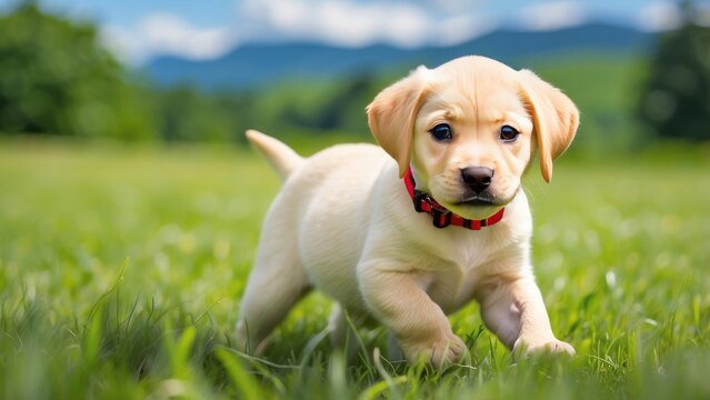 Labrador Retriever Puppy Standing Outdoors in Summer Field