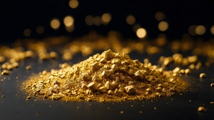 Glowing gold particle pile background on dark surface