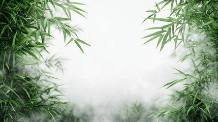 Green bamboo leaves with misty white background, serene and copy space