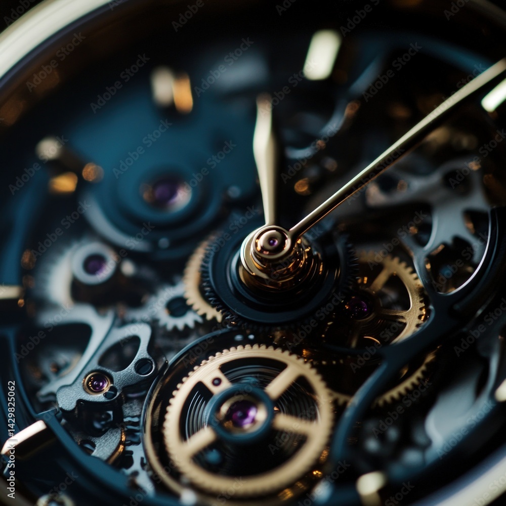 Poster close-up view of intricate watch mechanism. detailed gears and components