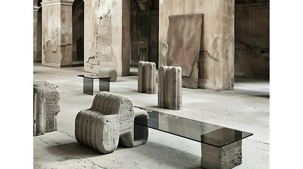 Architectural fusion of ancient ruins and modern design furniture indoor scene