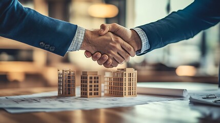 Business Handshake Over Architectural Blueprints, Two businesspeople shaking hands over architectural blueprints with model buildings