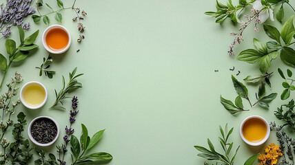 Herbal tea and fresh leaves on green background with copy space copy space