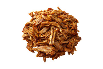 A pile of shredded cooked pulled pork with a brown isolated on transparent background
