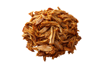 A pile of shredded cooked pulled pork with a brown isolated on transparent background
