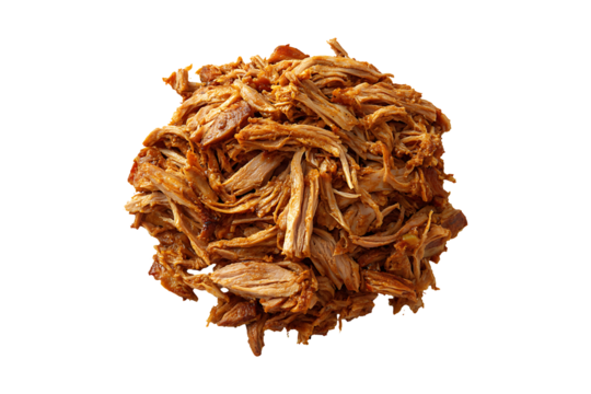 A pile of shredded cooked pulled pork with a brown isolated on transparent background
