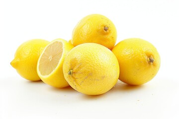 Four Whole Lemons and One Lemon Half on White Background