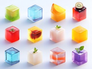 Fototapeta premium Generation Alpha food menu: a charming isometric of colorful Fruit Sushi food icons on a white background.