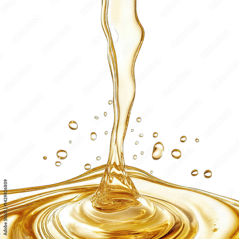 Poster stream of golden liquid possibly oil flowing gracefully into a pool creating ripples and droplets sh
