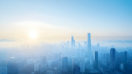 Fototapeta premium Panoramic Cityscape Veiled in Morning Mist, Bathed in Soft Golden Sunrise
