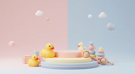 Naklejka premium Half-and-Half Color Baby Stage with Duck and Clouds
